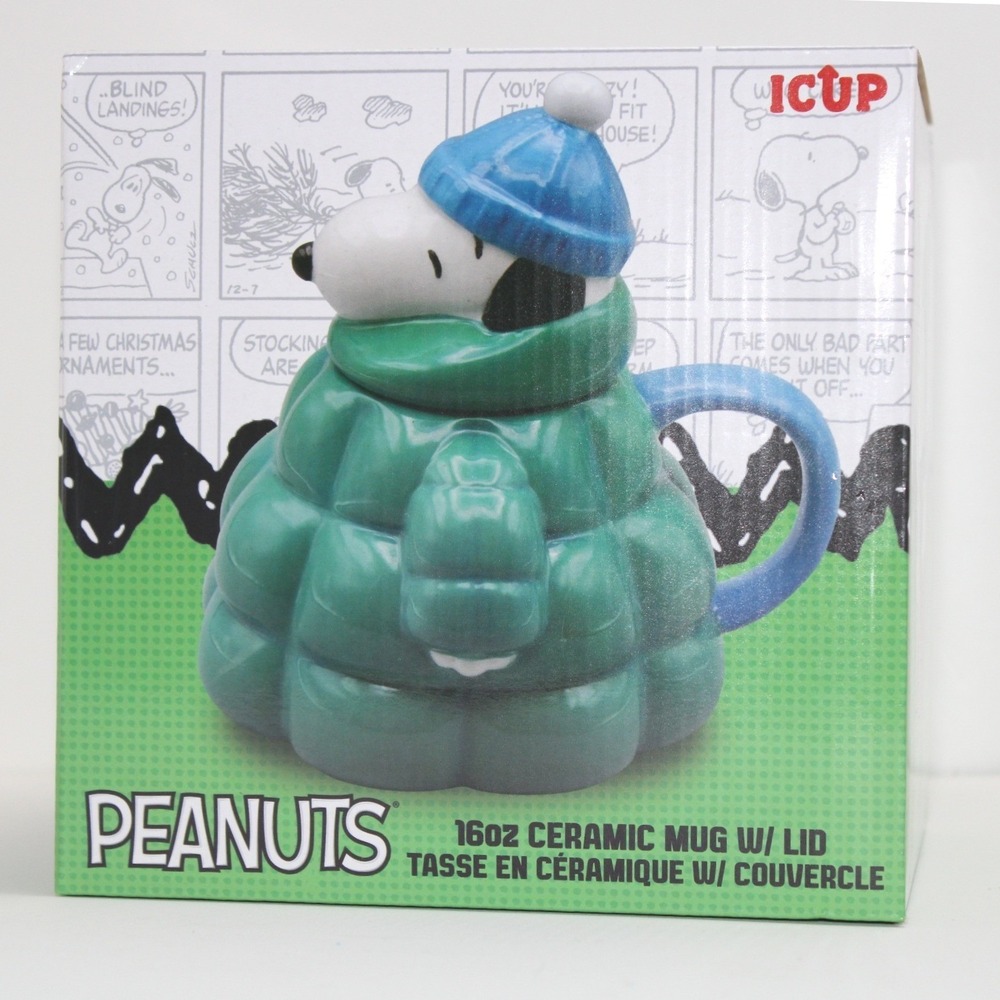 Peanuts Snoopy 16oz Ceramic Mug with Lid 3D Sculpted Puffer Jacket Winter ICUP